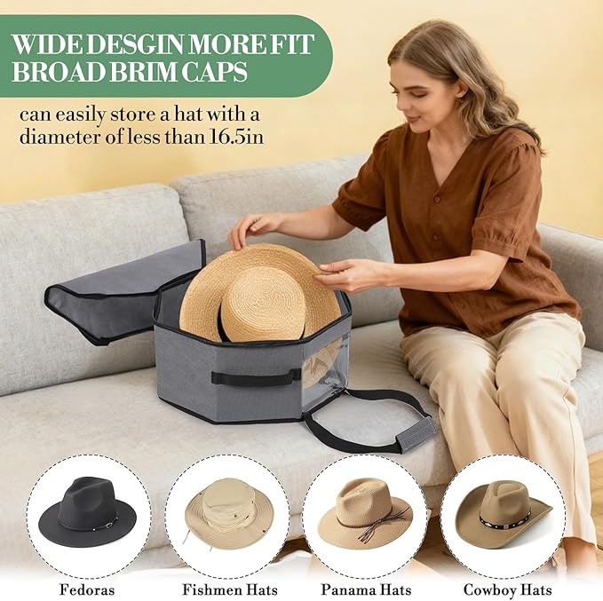 Garvee 3-Pack Grey Collapsible Hat Storage Boxes with Handles and Shoulder Strap – Large Dustproof Organizer for Cowboy, Fedora & Sun Hats – Portable Travel and Home Storage, 42×42×19cm, Grey