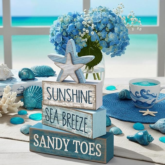 Lineshading 4 Pcs Summer Table Decoration Coastal Wooden Stacked Block Decor, Sunshine Sea Breeze Sandy Toes Signs with Starfish, Rustic White and Blue Beach Tiered Tray Decor for Home Entryway