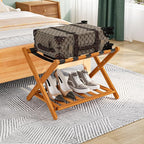 Smuxee Fully Assembled Honey Luggage Rack, Upgraded Bamboo Foldable Suitcase Stand with 5 Nylon Straps, Luggage Holder with Shelf for Guest Room Bedroom Hotel