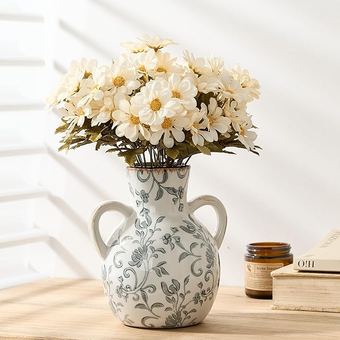 SIDUCAL Ceramic Vintage Pastoral Vase with Handles, 7 Inch Chinoiserie Floral Vase, Retro Ice Cracked Rustic Farmhouse Vases for Home Decor, Living Room, Bookshelf, Office, Tuscan Decor, Gray Floral