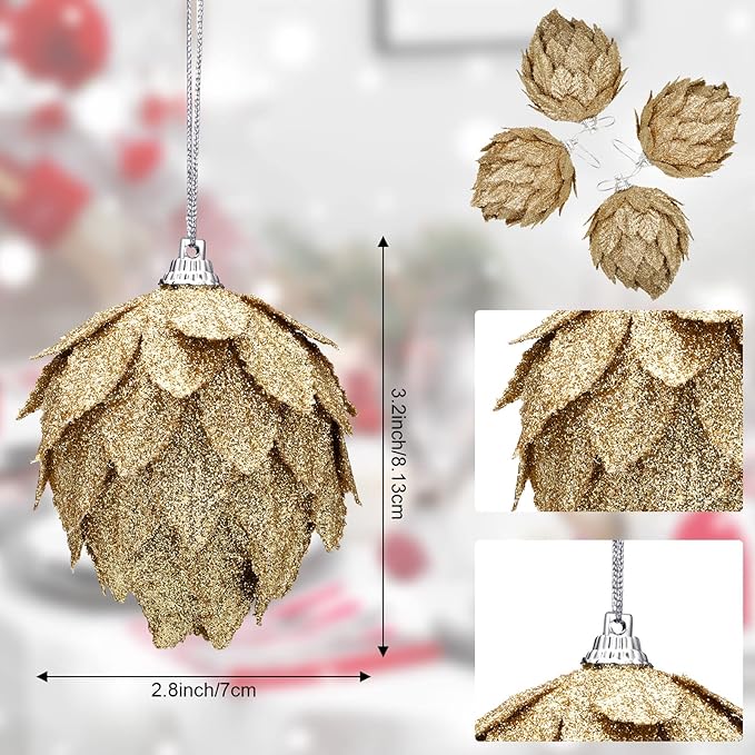 Jetec 8 Pieces Christmas Ornaments Glitter Christmas Tree Hanging Decoration Decorative Artificial Pine Cones Flowers Hanging Ornaments for Winter Wreath Holiday Decor(Gold)