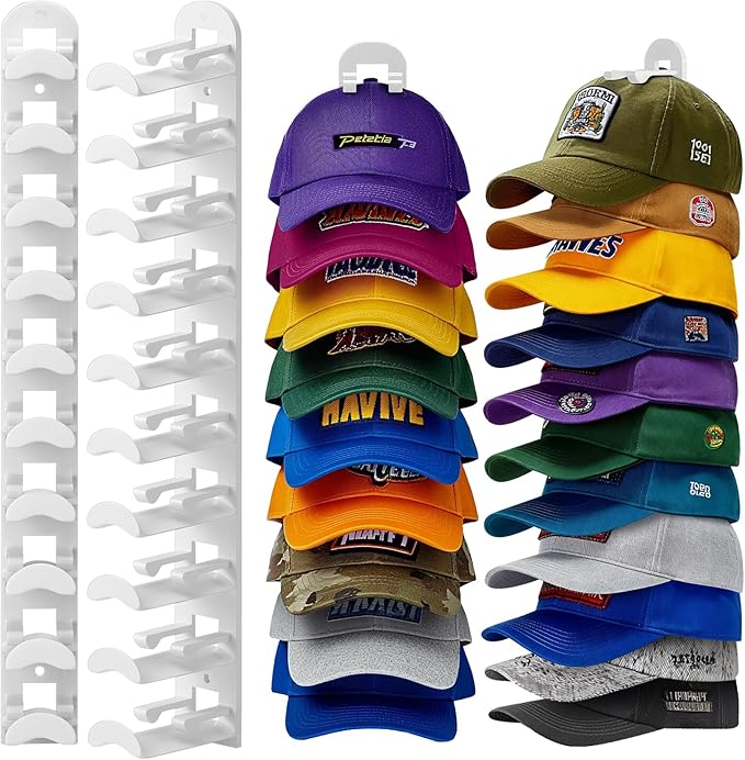 2 Pack Hat Organizer for Baseball Caps, Hat Rack for Wall Hold Up to 20 Hats, Hat Holder with Strong Adhesive and Screws, Hat Organizer Wall Mounted Hat Hanger Display for Door Closet Bedroom(B-White)