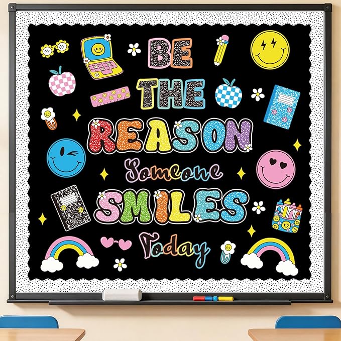 Composition Notebook Classroom Decor, Be The Reason Someone Smiles Today Bulletin Board with Happy Face Apple Rainbow Composition Book Cutouts for Posters Back to School Wall Door Chalkboard Supplies
