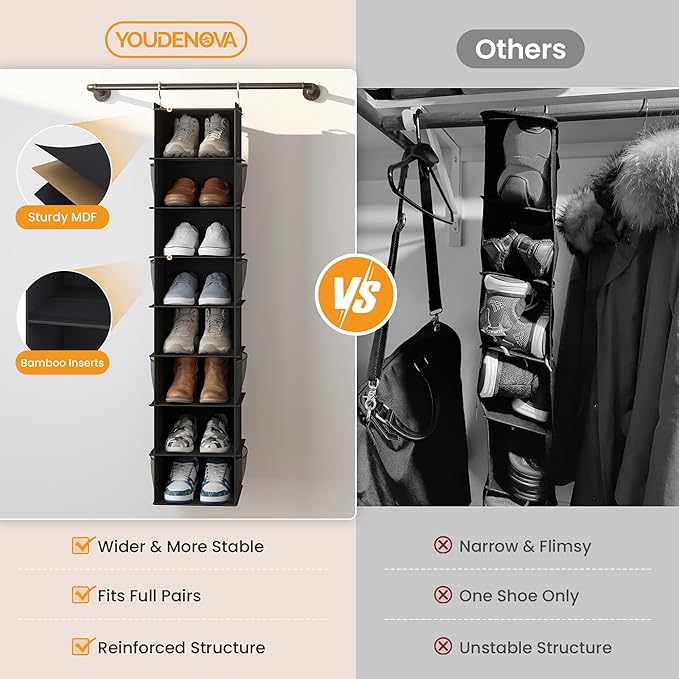 YOUDENOVA Upgraded Extra Wide Hanging Shoe Organizer for Closet, 8-Shelf Storage Organizer with 8 Side Pockets, Hanging Shoe Rack for Hats Clothes Jeans, Black