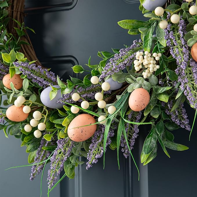 Glitzhome 22" D Easter Wreath with Artificial Easter Eggs Berries and Lavender for Front Door Wall Decor, Spring Easter Garland with Colored Eggs Berries Holiday Decoration