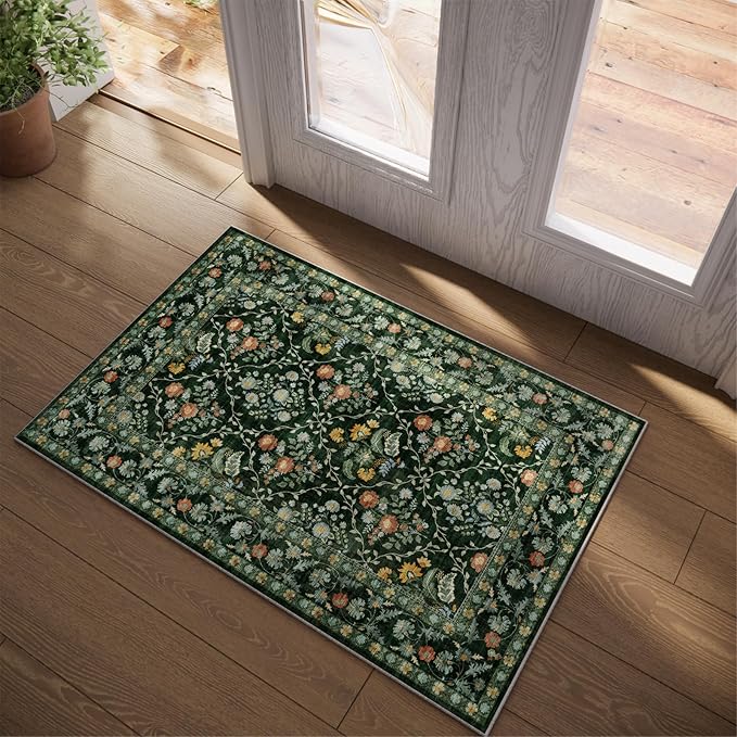 Vintage Botanical Dark Green Entryway Rug, 2x3 Kitchen Rugs Non Slip Washable Boho Green Forest Design, Soft Door Mat Indoor Entrance, Ultra-Thin Easy Clean Small Throw Carpet for Bedroom Bathroom