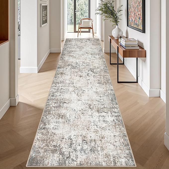 Washable Area Rug 3x14 Entryway Rug: Washable Modern Abstract Soft Thin Rug Indoor Floor No Slip Stain Resistant Carpet for Bedroom Dining Room Farmhouse Nursery Home Office - Brown Grey