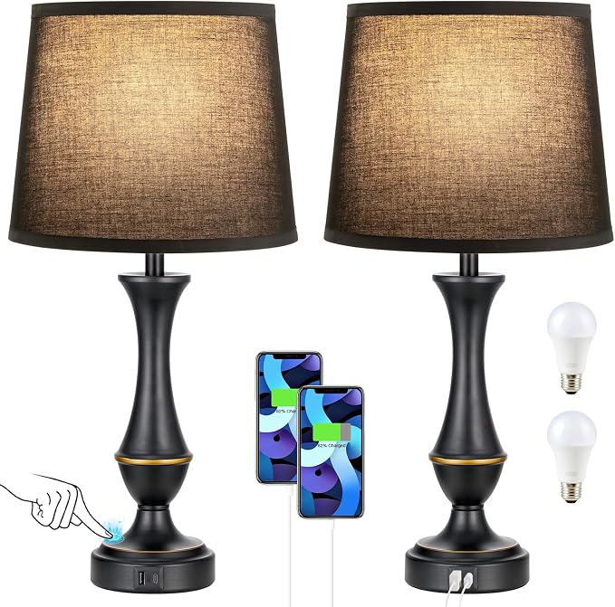 Seealle Upgraded Touch Lamps for Night Stands Set of 2 - Bedside Lamps with USB C+A, 3 Way Dimmable for Bedroom Living Room End Tables Office (Black)