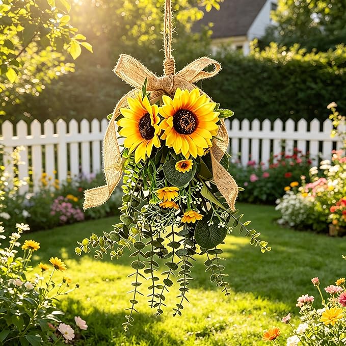 Generic 24 in Sunflower Swag, Artificial Floral Garland with Burlap Bow, Rustic Door Swag for Front Door Outside, Summer Sunflower Wreath Decor for Home Window Farmhouse. (2Pcs)