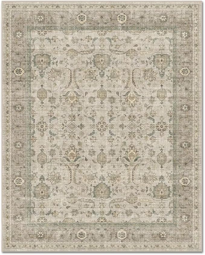 Washable 8x10 Area Rugs for Living Room, Boho Non-Slip Vintage Distress Large Rugs for Bedroom Dining Room Nursery Office, 0.3" Neutral Oriental Throw Thin Carpet, Flaxen/Brown/Multi