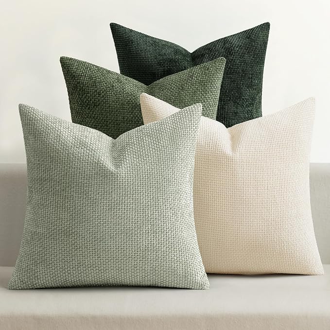 MIULEE Pack of 4 Couch Throw Pillow Covers 20x20 Inch Neutral Green Soft Decorative Chenille Pillow Covers Farmhouse Accent Cushion Covers for Boho Spring Home Decor Sofa Bedroom Living Room