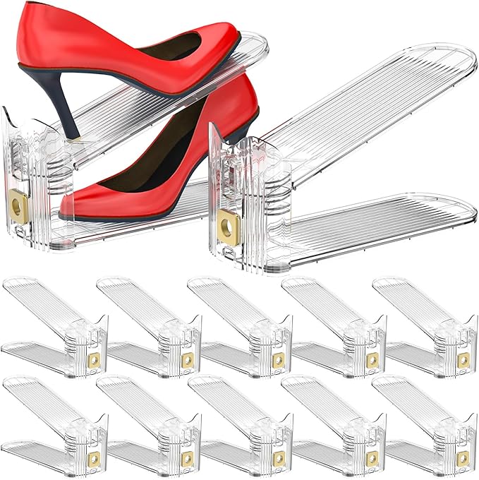 Shoe Slots Organizer,Adjustable Shoe Stackers,10 Pack Shoe Space Savers,Double Layer Shoe Riser Shoe Slot,Shoe Storage Holder for Closet,Transparent