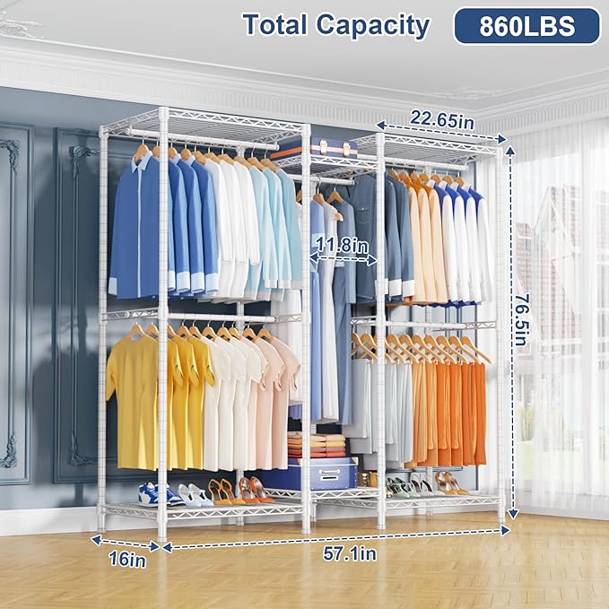 Ulif E12 Clothes Rack，Heavy Duty Freestanding Garment Rack with Shelves，Metal Clothing Closet Storage System for Hanging Clothes，57.1" W x 16" D x 76.5" H, Hold 860 lbs，White
