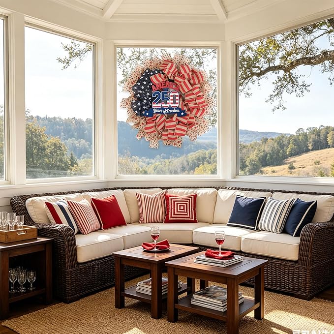 24Inch 4th of July Wreath, Patriotic Burlap Wreath for Front Door,Stripe and Stars Wreaths for USA 250th Anniversary, Memorial Day American Flag Printed Decorations for Outdoor (Flag Wreath)