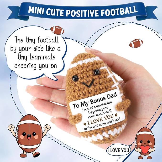 Bonus Dad Gifts from Son Daughter Wife, Positive Handmade Crochet Step Dad Father's Day Birthday Gifts, Funny Cute Small Gift for Dads, I Love You Papa Gift Idea, Unique Football Doll for Bonus-Dads