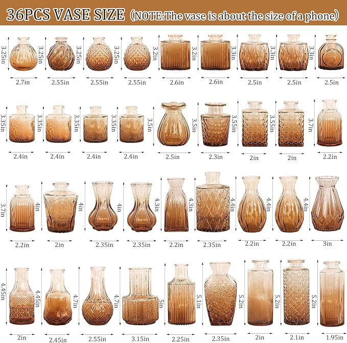 36Pcs Bud Vases Set Small Vintage Glass Bottles Bud Vases in Bulk Multiple Shape Cute Glass Vases for Rustic Wedding Centerpieces Table Decorations and Home Decor(Amber)