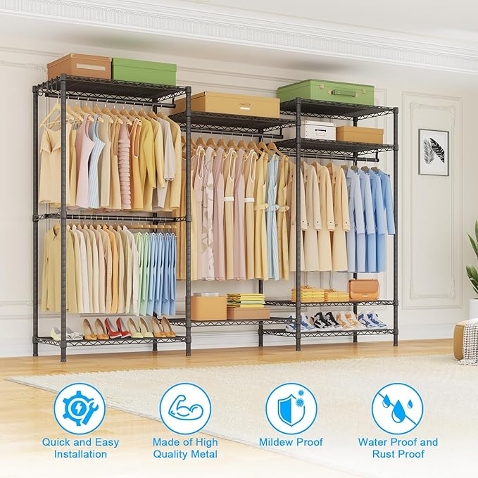 Ulif E13 Pro Heavy Duty Clothes Rack（With 4 Hanger Rods & 8 Shelves） Freestanding Clothing Racks for Hanging Clothes，Adjustable Closet，Metal Garment Rack 75" W x16 D x77 H，Max Load 1000LBS，Black
