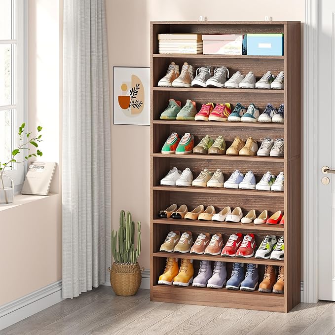 Tribesigns Tall Shoe Cabinet, 9 Tiers 40-45 Pairs Heavy Duty Wood Freestanding Shoe Storage Cabinet, 70.8'' Tall Shoe Cabinet with Open Storage for Entryway (1, Brown)