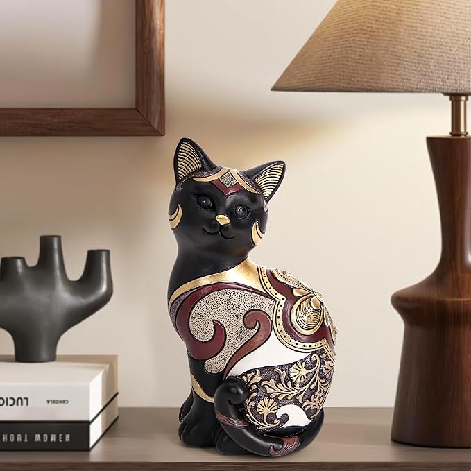 Black Cat Statue Home Decor Accent Boho Cat Figurines and Sculptures for Living Room Bedroom Shelf Office Table, Cats Art Decoration Vintage Matt Animals Gift for Cats Lovers, Woman Mom