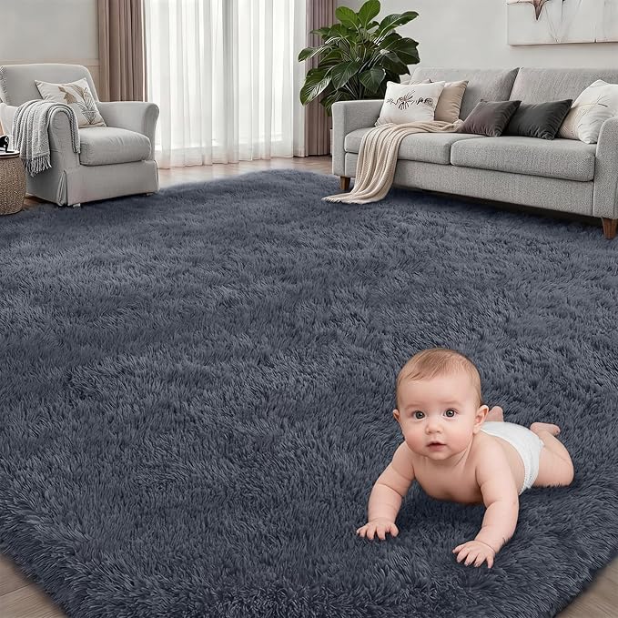 Fluffy Area Rugs 9x12 Living Room Bedroom: Ultra Soft Shag Rug Upgrade Non-Slip Non-Shedding Large Fuzzy Plush Carpet Indoor Floor Carpets for Kids Room Playroom Nursery Dorms Home Decor Grey