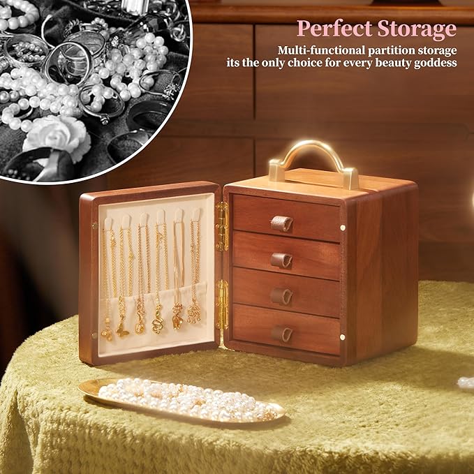 Wooden Jewelry Box for Women 4 Tier Walnut Wooden Jewelry Box with handle (Butterfly Prints B)
