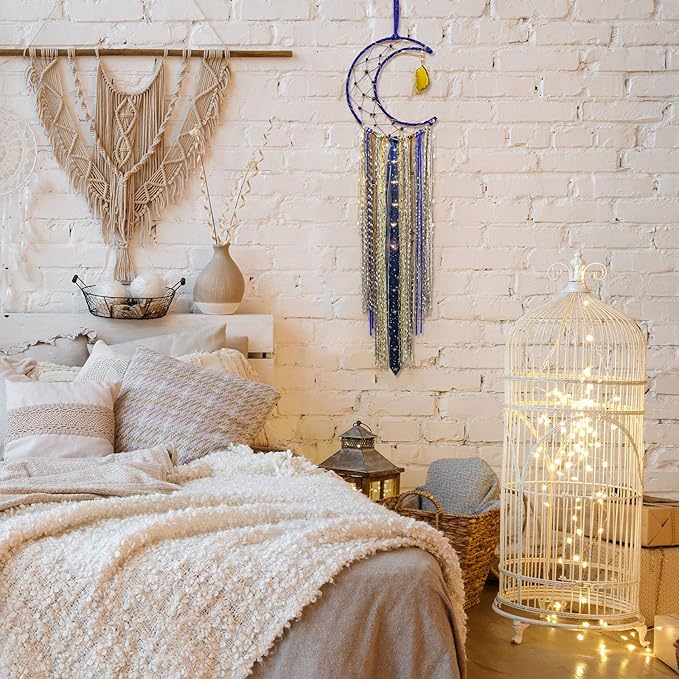 Witchy Crescent Moon Dream Catcher with Purple Agate, Witch Pagan Woven Wall Hanging Dreamcatcher with Light, Gothic Wiccan Hippie Decor with Ornament Decoration Women Gift for Bedroom Christmas