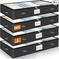 SpaceWhisper 90L Under Bed Storage Containers, 4-Pack Storage Bins with Clear Top, Foldable Closet Organizers and Storage with Label Holder for Clothing, Blankets, Comforter & Pillows(Black)