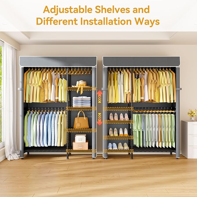 F2C Clothes Rack with Cover, Clothing Racks for Hanging Clothes, Heavy Duty Garment Rack with Shelves and Hanger Rods, Black Closet with Gray Cover, 47.2" W x 16.5" D x 78.3" H, Load 630lbs