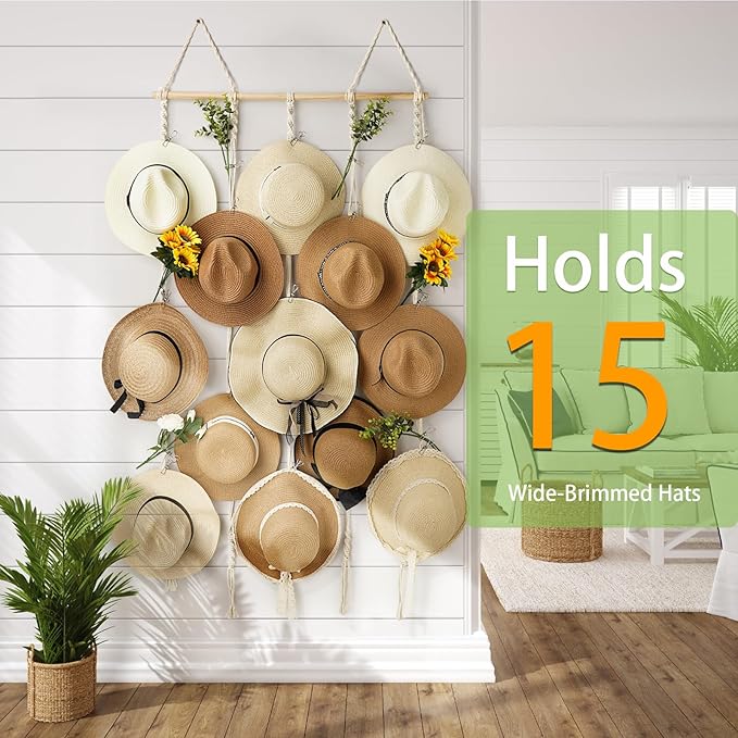 Macrame Hat Rack for Wall 31x53 in Hat Organizer with 15 Clips Hanging Hat Hanger Holder for Women Wide Brimmed Hat Storage for Fedora Boho Decorative Display