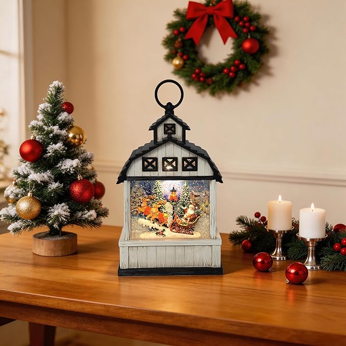 11-Inch Lighted Barn Lantern Swirling Water Glitter Globe with Santa Sleigh Scene, Battery Operated, 8H Timer, Holiday Sparkling Gift and Indoor Christmas Home Décor (Barn)