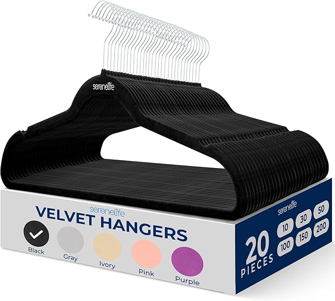 SereneLife 20 Pack Velvet Hangers – Non-Slip Clothes Hangers with Heavy Duty Design, Slim Space-Saving Coat Hangers with 360° Swivel Hook, Strong Lightweight Closet Organizer Set for Clothes (Black)
