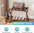 SMIBUY Luggage Rack, Set of 2, Foldable Bamboo Suitcase Stand with Storage Shelf for Guest Room, Bedroom, Hotel, Heavy-Duty (Walnut)