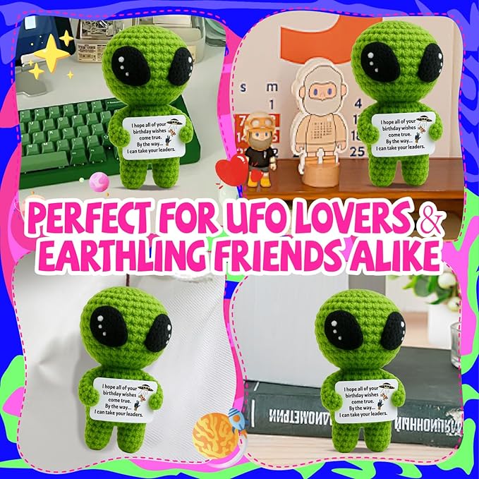 MAMAGIFTREE Funny Birthday Gift for Women Men Coworker, Friend, Boss, Adult, Hilarious Gag Bday Crochet Alien with a Sarcastic Message Card, Office Decor for Her Him