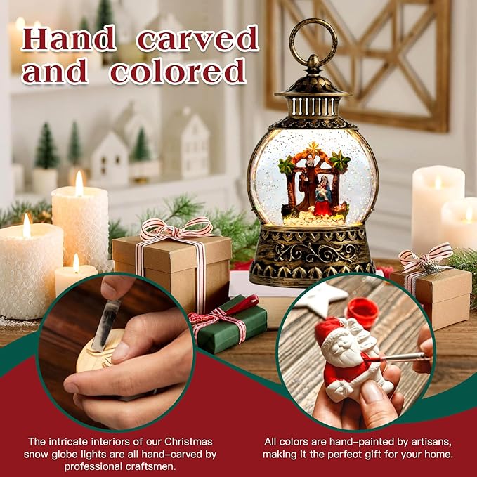 Christmas Nativity Snow Globe, Nativity Musical Snow Globe Lantern Lights with 6H Timer Battery & USB Powered, Retro Style Holiday Glitter Globe for Xmas Home Decoration Holiday Party Gifts