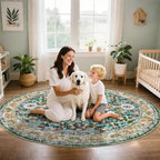 U'Artlines Boho Vintage Round Area Rug 6ft Machine Washable Low Pile Soft Floor Carpet Non Slip Non Shedding Accent Rug for Living Room Bedroom Entryway Dining Room Office Green