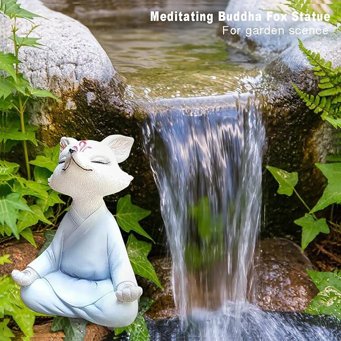 ‌Serene Zen Resin Buddha White Fox Statue - Zen Yoga Figurine & Meditation Sculpture for Office Desk, Bookshelf, Home Decor & Garden. Feng Shui Statue for Women, Plants & Yoga Lovers.