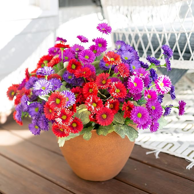 HyeFlora Artificial Flowers for Outdoors Fake Plants Spring Outside Decoration, 6 Bundles Dahlia Silk Daisy Realistic UV Resistant Faux Flowers for Outdoor Planter Balcony Porch Yard Garden Home, Mix