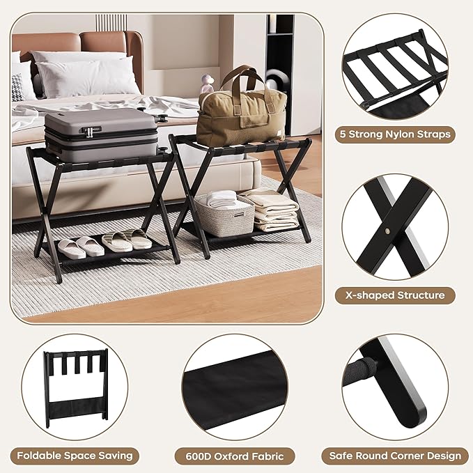 26.77" Full Assembled Luggage Rack for Guest Room, Set of 2 Bamboo Foldable Suitcase Stand, Bedroom & Hotel, Folding Luggage Holder with 5 Nylon Straps, 600D Oxford Fabric Shelf Black