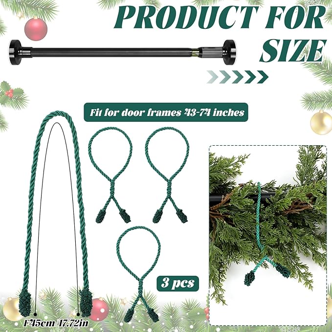 Leinuosen Christmas Front Door Garland Hanger 43-74 Inch Adjustable Christmas Wreath Hanger Stainless Steel Retractable Rod with 3 Green Tie Ropes No Nail Screw No Damage for Xmas DIY Hanging(Black)