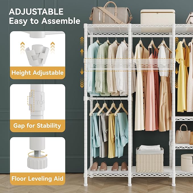 H5 Extra Large Heavy Duty Clothes Rack, Wire Garment Rack, Freestanding Clothing Rack for Hanging Clothes, Wardrobe Closet with Adjustable Shelf, 93.3" Wx15.7 Dx75.4 H, White, Load 1400 lbs