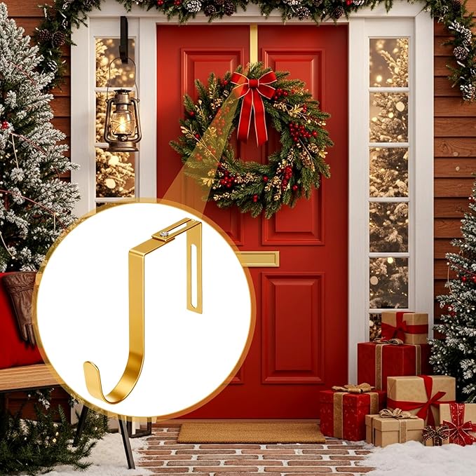 LEIFIDE 4 Pcs Width Adjustable Wreath Hanger for Front Door 1.5-3.78" Large Over the Door 4th of July Decoration Hook 20 Lbs Capacity(Gold)