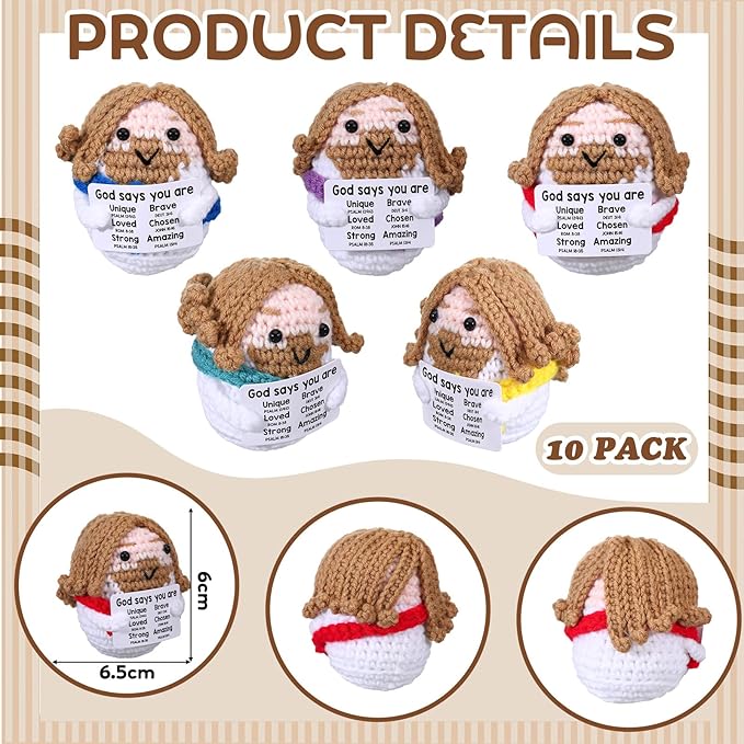 Marsui 10 Pcs 5 Pcs Crochet Dolls Christian Positive Gifts for Women Mini Jesus Figures with Positive Card Handmade Religious Crochet Plush Doll for Church Sunday School Motivational Gift (Multicolor)