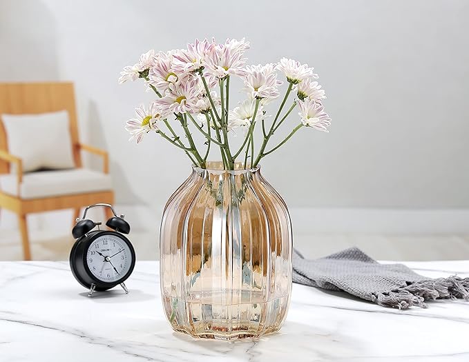 Large Amber Glass Vase for Flowers Ribbed Tall Gold Floor Vase 8.0" Decorative Vases for Home Table Centerpieces Flowers Decor and Farmhouse(Brown 8.0in)