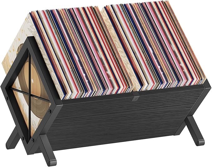 YATINEY Vinyl Record Holder, Record Storage Rack Holds 80-100 LP，Wooden and Metal Record Organizer, Quick Assembly Magazine Holder Vinyl Record Display Stand for CDs, Magazine, Albums, Black CJ06BB