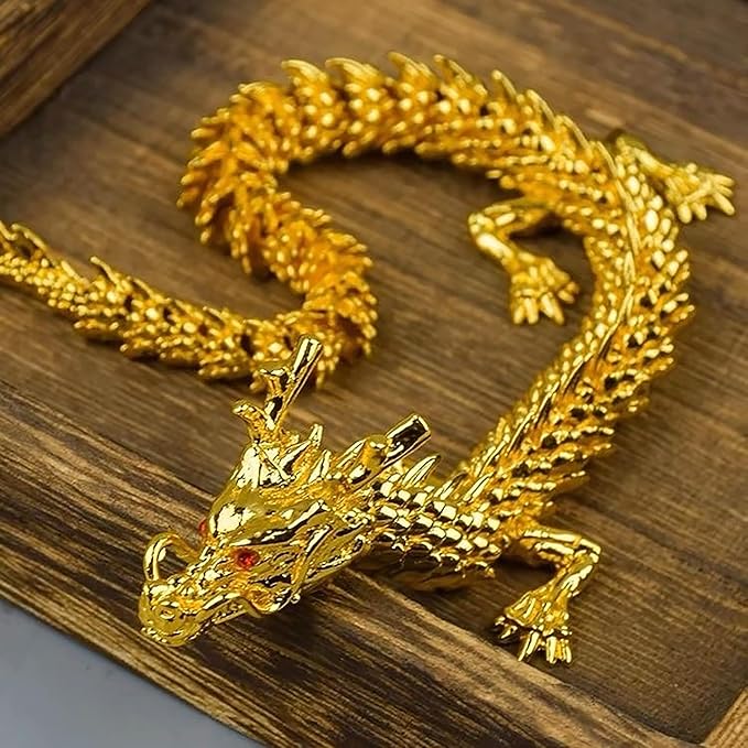 LIYAOLI 3D Golden Dragon Decor, Gold Articulated Dragon Statue Metal Toy for Boys, Chinese Dragon for Desk and Home Office, 9 Inch Luck Dragon