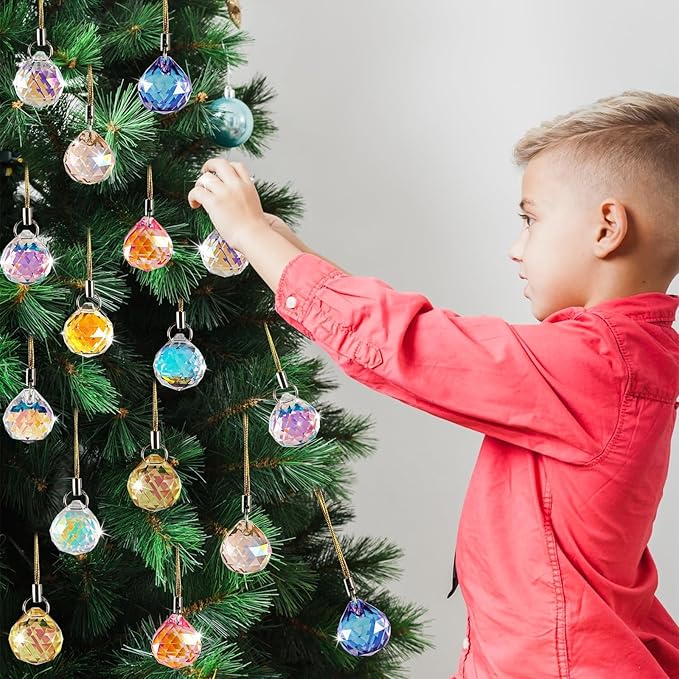 Crystal Suncatcher Ornaments Christmas Tree Decorations, 12PCS Xmas Iridescent Crystal Ball Prism, Mini Round Ball Drop Hanging Ornament for Xmas Tree Suncatcher Chandelier Wedding Party Home Decor