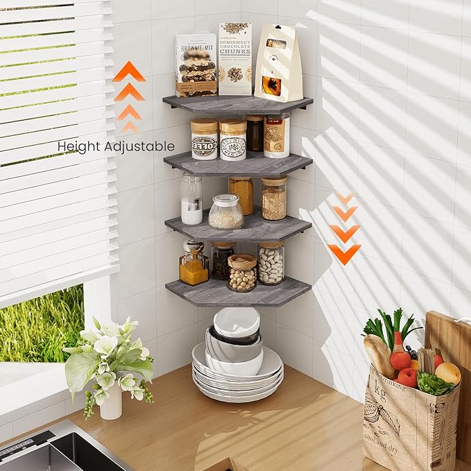 Homode Corner Shelf Wall Mount, Set of 4 Corner Floating Shelves with Cord Hole, Wall Shelf Organizer, Wood Hanging Storage Shelving for Bathroom Bedroom Kitchen, Rustic Grey