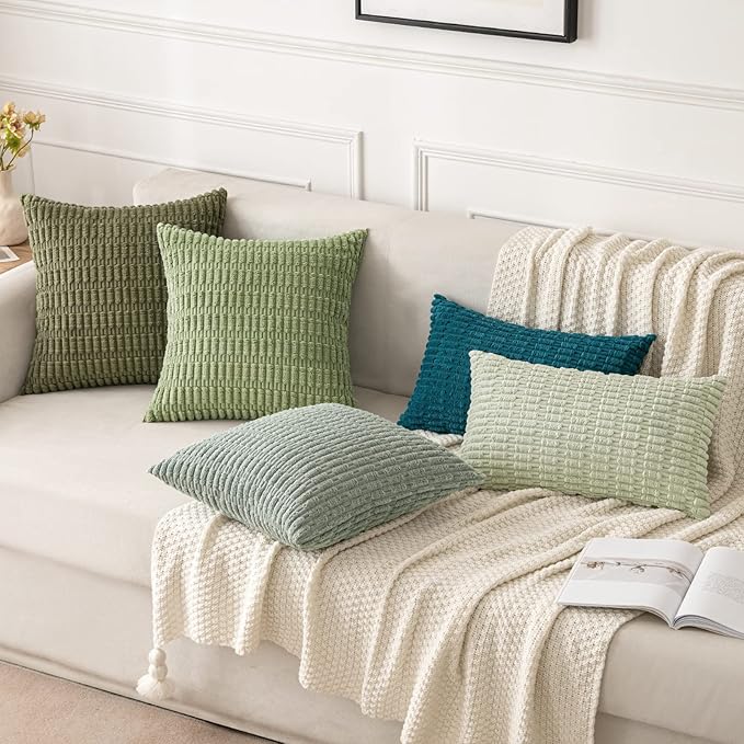 MIULEE Pack of 2 Spring Corduroy Decorative Euro Sham Throw Pillow Covers 24x24 Inch Soft Boho Striped Pillow Covers Modern Farmhouse Home Decor for Summer Sofa Living Room Couch Bed Greyish Green