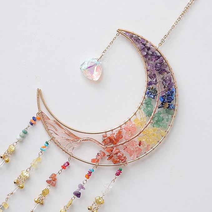 7 Chakra Wind Chimes Tree of Life Agate Moon Dream Catchers Hanging Ornament Natural Gem Agate Slice Crystal Wind Chime for Home Garden Decoration (Color)