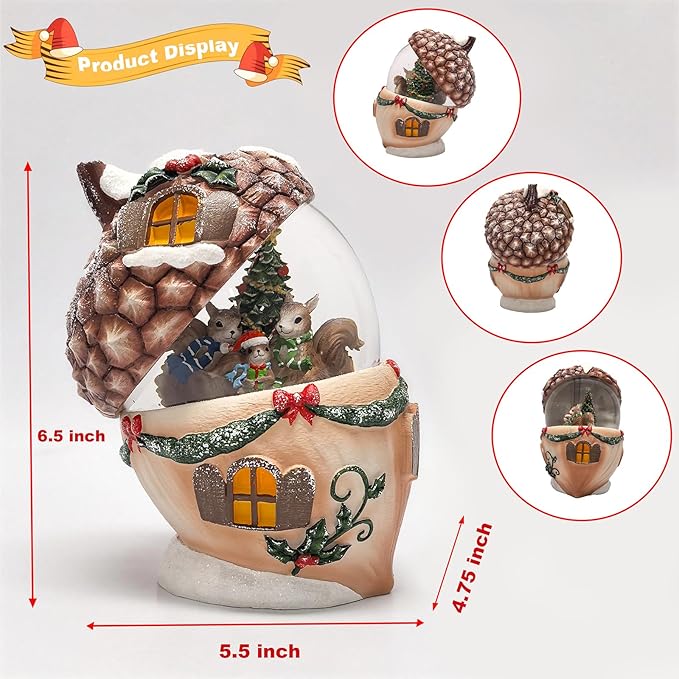 6.5-Inch Lighted Acorn Swirling Water Glitter Globe with Squirrel Family Scene, Battery Operated, 8H Timer, Holiday Sparkling Gift and Indoor Christmas Home Décor (Acorn)